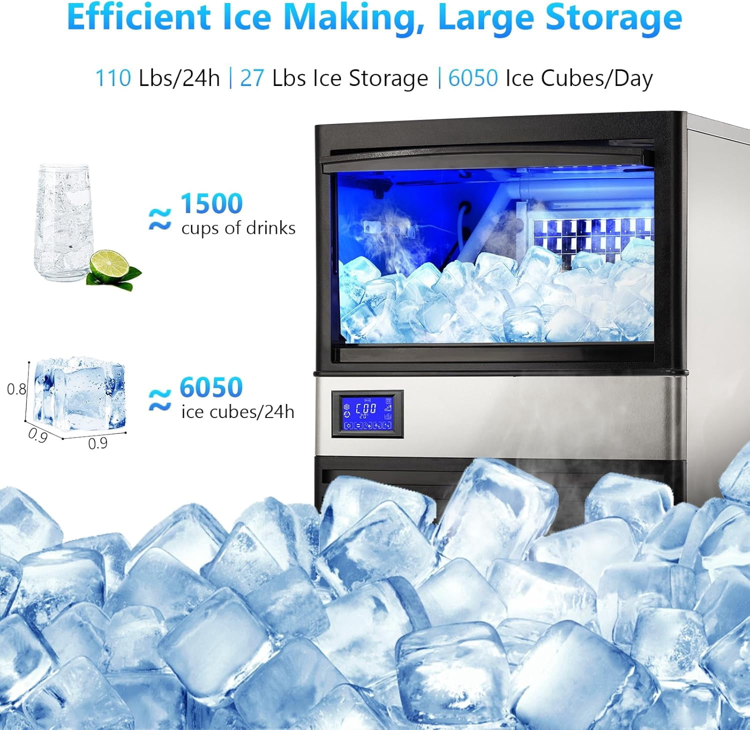 Commercial Ice Maker Machine 110LBS/24H, Undercounter Ice Maker with 27LBS Storage Bin, LCD Panel with Blue Light, Electric Drain Pump, Water Filter & Scoop, Ice Maker for Business, Home, Bar, Coffee