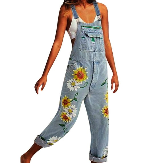 YAGHYAGH Women's Juniors Denim Overalls Floral Suspender Dungarees Bib Jeans Pants