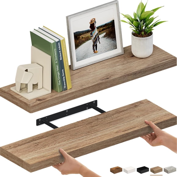 36" Floating Shelves 8" Deep, 2-Pack 3 ft Wood Wall Mount Shelf Set with Invisible Brackets for Living Room, Bathroom, Kitchen, Nursery, Oak Finish