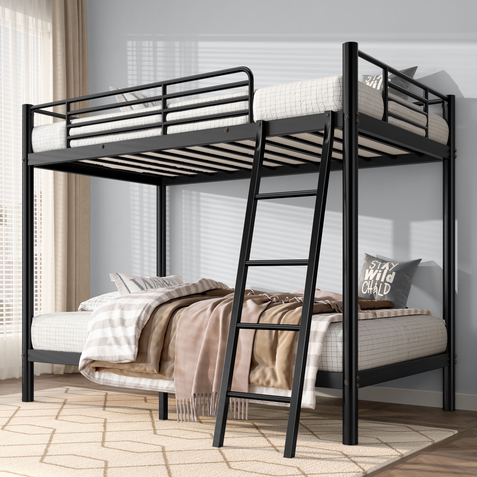 Metal Bunk Bed, Twin Bunk Bed, Twin Over Twin&nbsp;Platform Bed with Guardrails, Sturdy Construction No Box Spring Required, for Kids Children Room, Black, 75 Inch