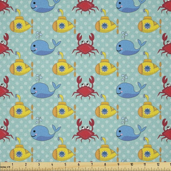 Ambesonne Yellow Submarine Fabric by the Yard Microfiber, Whales Crabs, 5 Yards, Aqua and Mustard