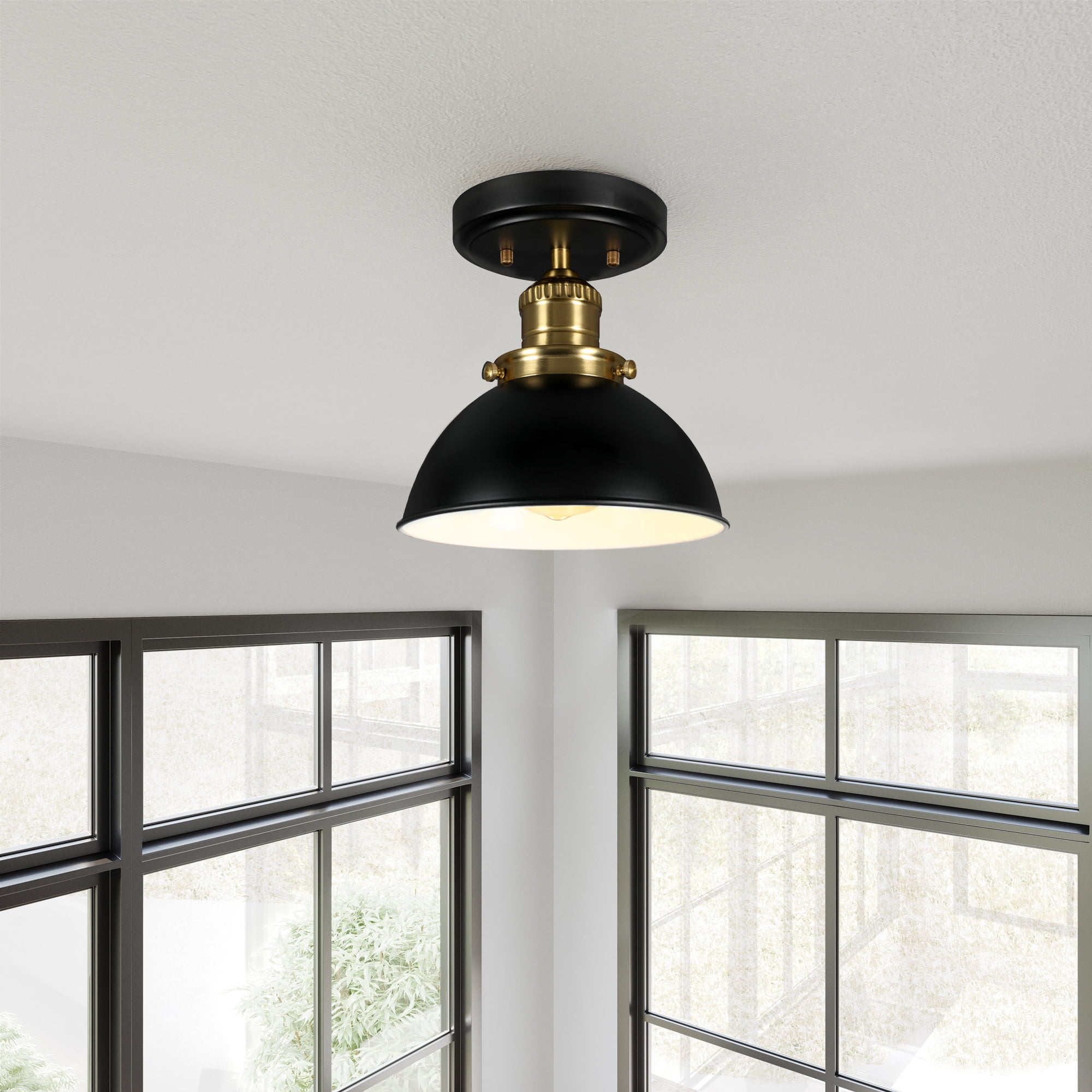 Design House Savannah Farmhouse Matte Black/Satin Gold 1 Light Indoor Semi-Flush Mount Dimmable Ceiling Light with Metal Shade