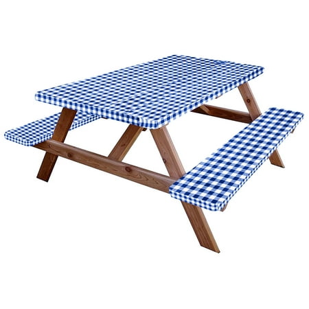 

Picnic Table Cover with Bench Covers Vinyl Tablecloth with Elastic Band Fitted Table Covers for 6 Foot Rectangle Tables-for Outdoor/BBQ/Camping(30 X 72 Inch 3-PCS Blue-Checkered)
