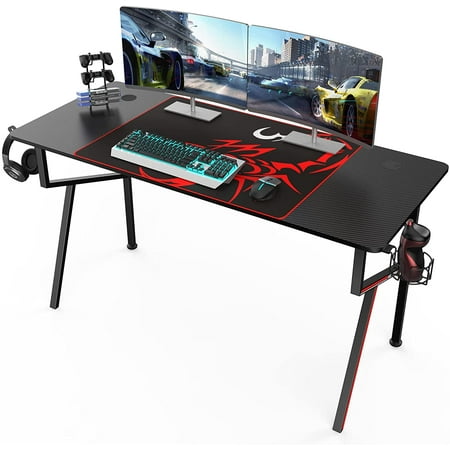 

Gaming Desk 55 K Shaped Large Gaming Computer Desk Home Office PC Gamer Desk Table with Mouse Pad Headphone Hook Cup Holder Black