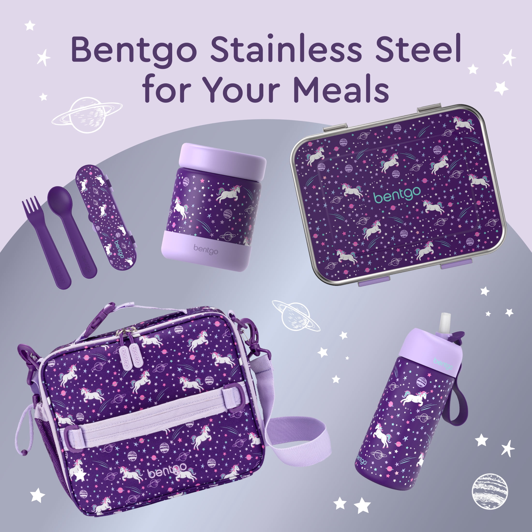 Bentgo Kids Stainless Steel Food Jar - 11 fl oz Leak-Proof Double Insulated Hot or Cold Food Container with Removable Silicone Bumper, Dishwasher Safe, Easy Open Lid, Ages 3+ (Unicorn)