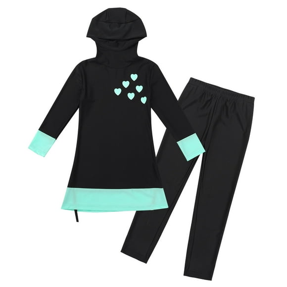 Kaerm Big Girls 2PCS Modest Hijab Burkini Swimwear Full Cover Swimsuit Hooded Top with Pants UV Protective Black 140