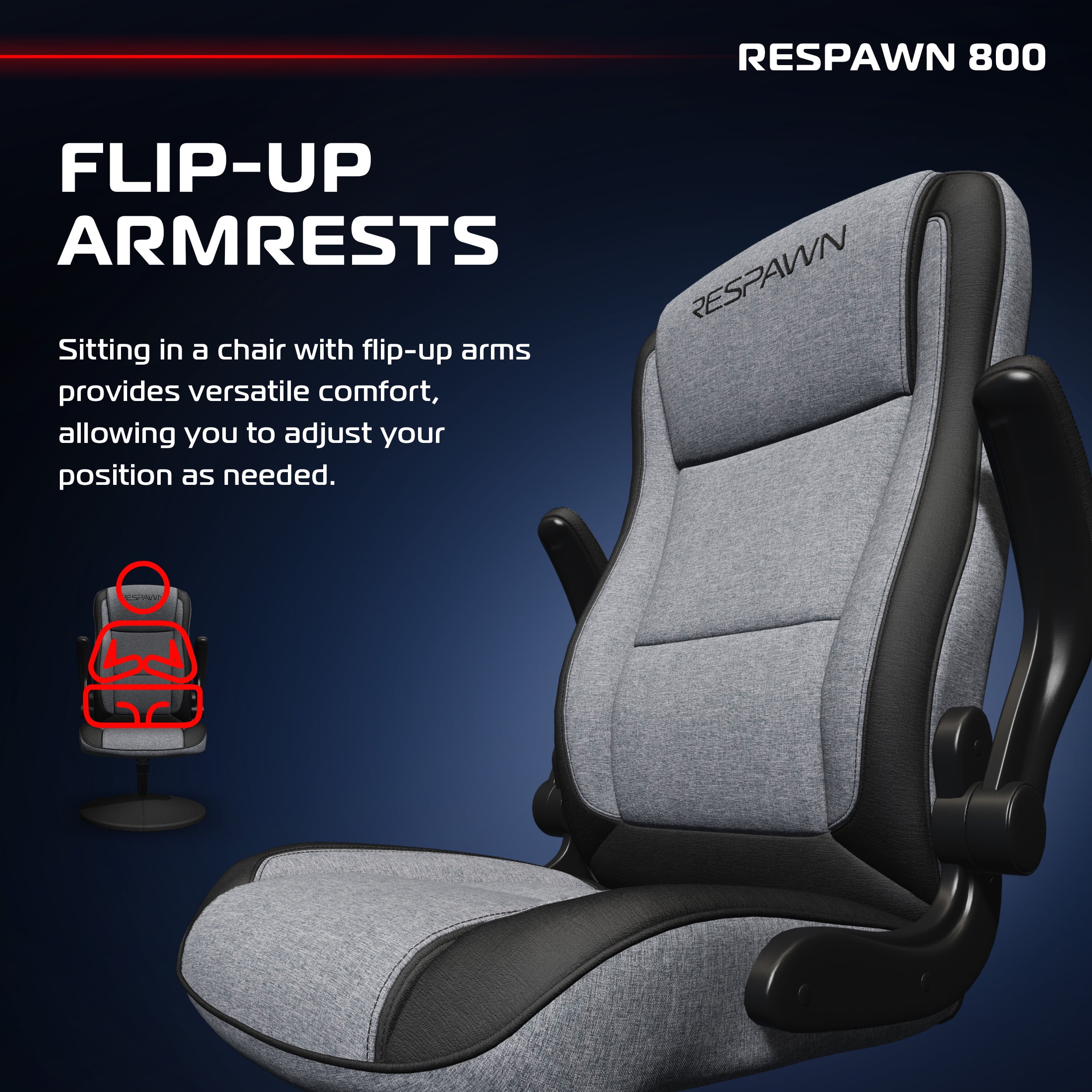 RESPAWN 800 Swivel Rocker Gaming Chair - Ergonomic Floor Gaming Seat with Lumbar Support, Flip Up Armrest, High Back, Pedestal Base, Comfortable No Wheels Consle Video Game Rocker Chair - Gray Fabric