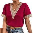 thumbnail image 1 of Blusa de encaje de crochet con escote en V para mujer, blusa informal holgada para citas con estilo, talla M Burgundy Chic, 1 of 5