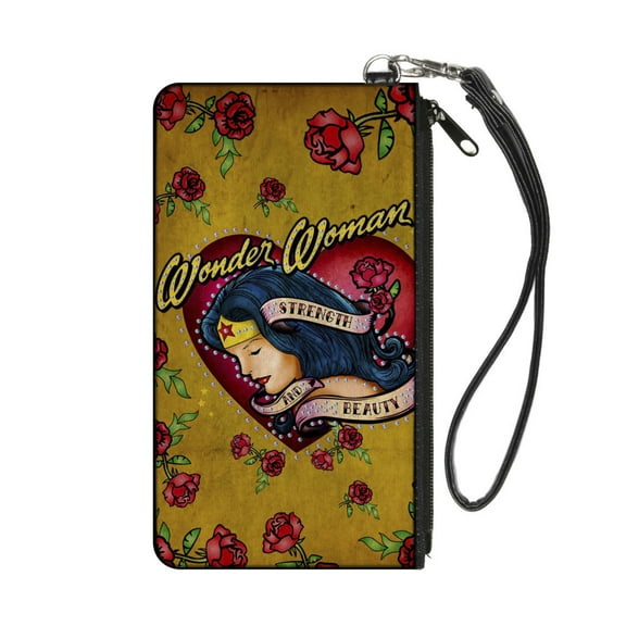 DC Comics Wallet, Zip Pouch, Studded Wonder Woman Heart Strength And Beauty Tattoo Roses, Canvas