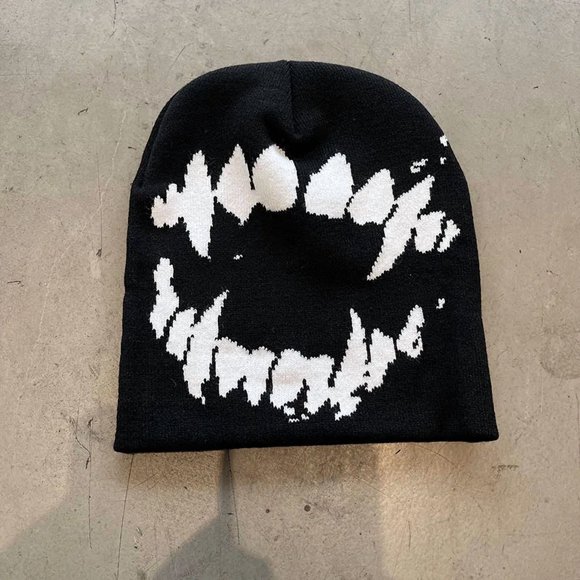 Women Hat Knitting Beanies Goth Tooth Caps Men Y2k Streetwear Winter Fashion Pullover Kpop Harajuku Vintage Warm Hip Hop Unisex Black-01 one size