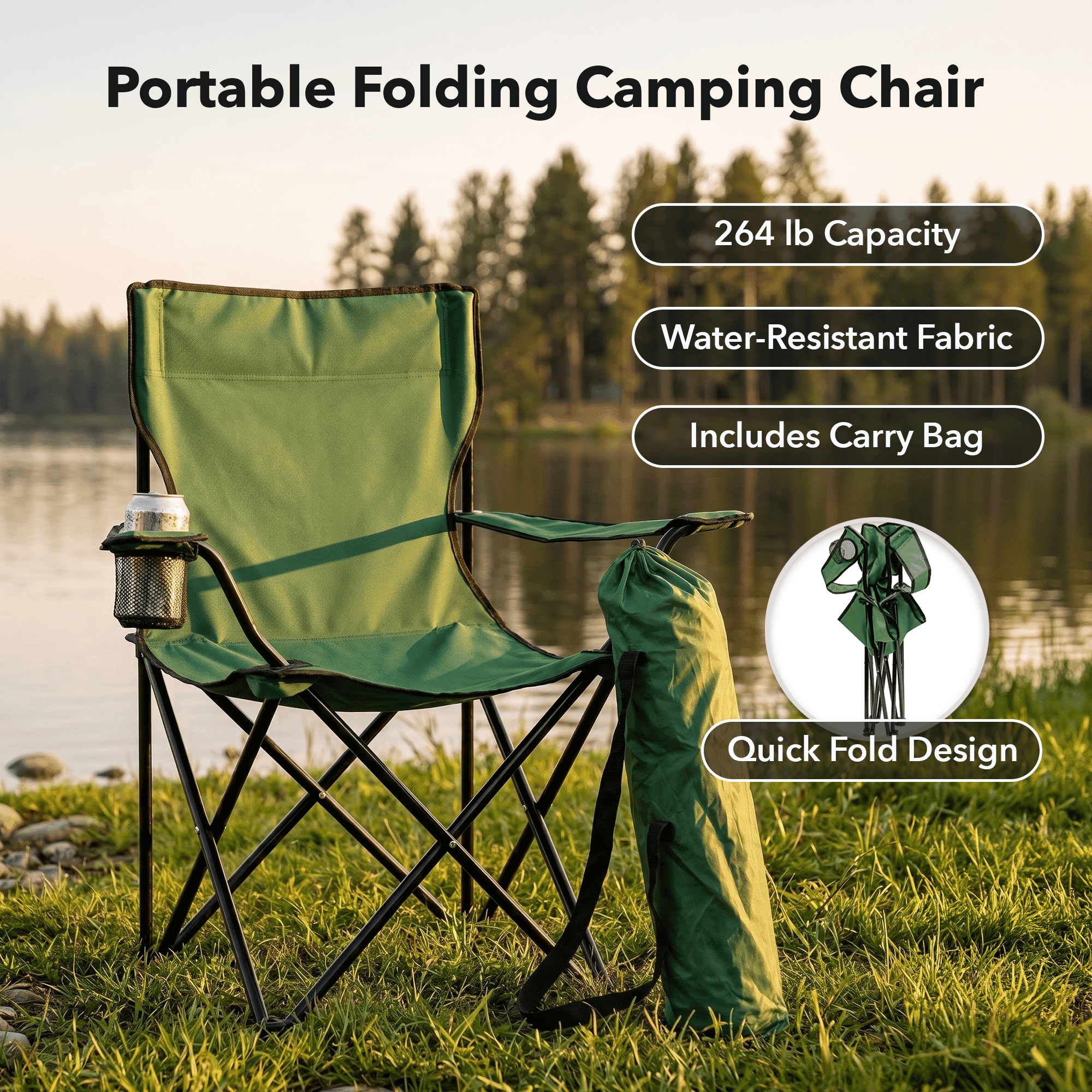 OVENTE Portable Camping Folding Chair with Heavy Duty Steel Frame, Arm Rest, Mesh Cup Holder and Carry Bag, Outdoor Foldable Seat Ideal for Fishing, Hiking, Travel, Picnic and Beach, Green CHR001G