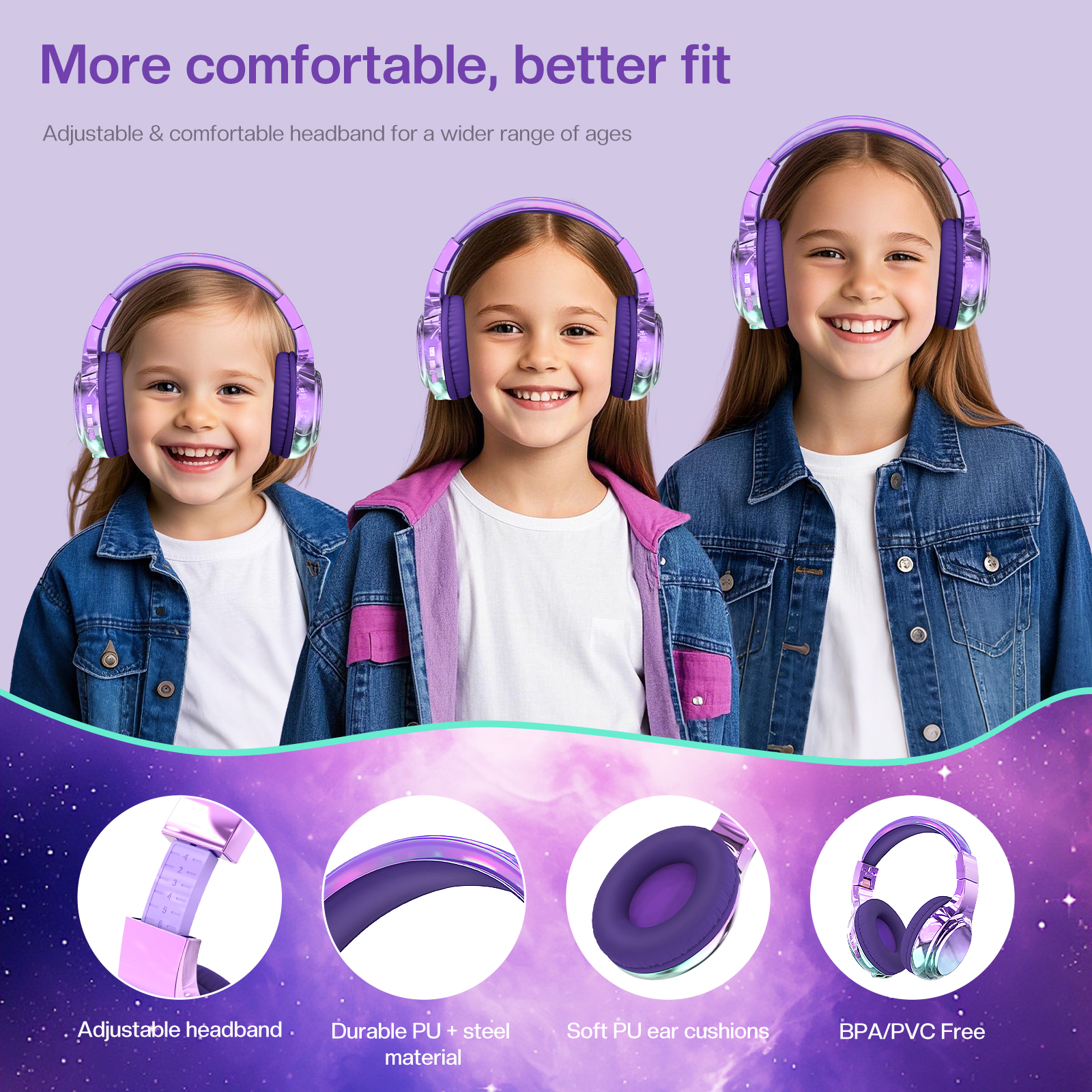 Qearfun Bluetooth Kids Headphones, Purple photo 6