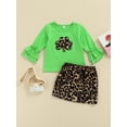 thumbnail image 2 of Kiapeise Toddler Girl St. Patrick's Day Outfits Ruffle Flared Long Sleeve Leaf Printed Tops Leopard Skirt, 2 of 8