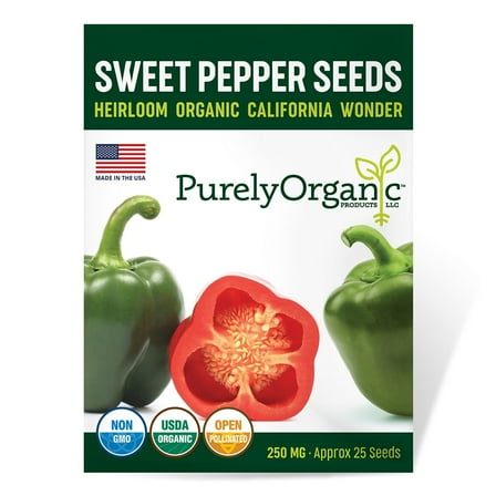Purely Organic Heirloom Sweet Pepper Seeds (California Wonder) - Approx 35 Vegetable Seeds - Crisp & Mild, Full Sun, Non-GMO - for 2022 Season