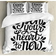 thumbnail image 1 of Adventure King Size Duvet Cover Set, Open Your Heart New Adventures Quote Lettering with Sixties Inspired Design, Decorative 3 Piece Bedding Set with 2 Pillow Shams, Black White, by Ambesonne, 1 of 3
