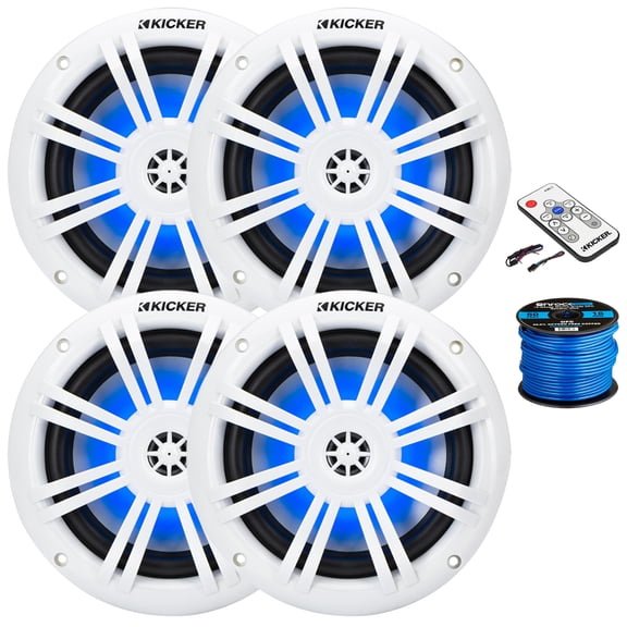 Kicker 51KM604WL KM 6.5" 150 Watts Max Power 4O RGB LED Marine Coaxial Speakers (2 Pairs) Bundle Combo With 50 Feet 16 Gauge Speaker Wire, LED Controller