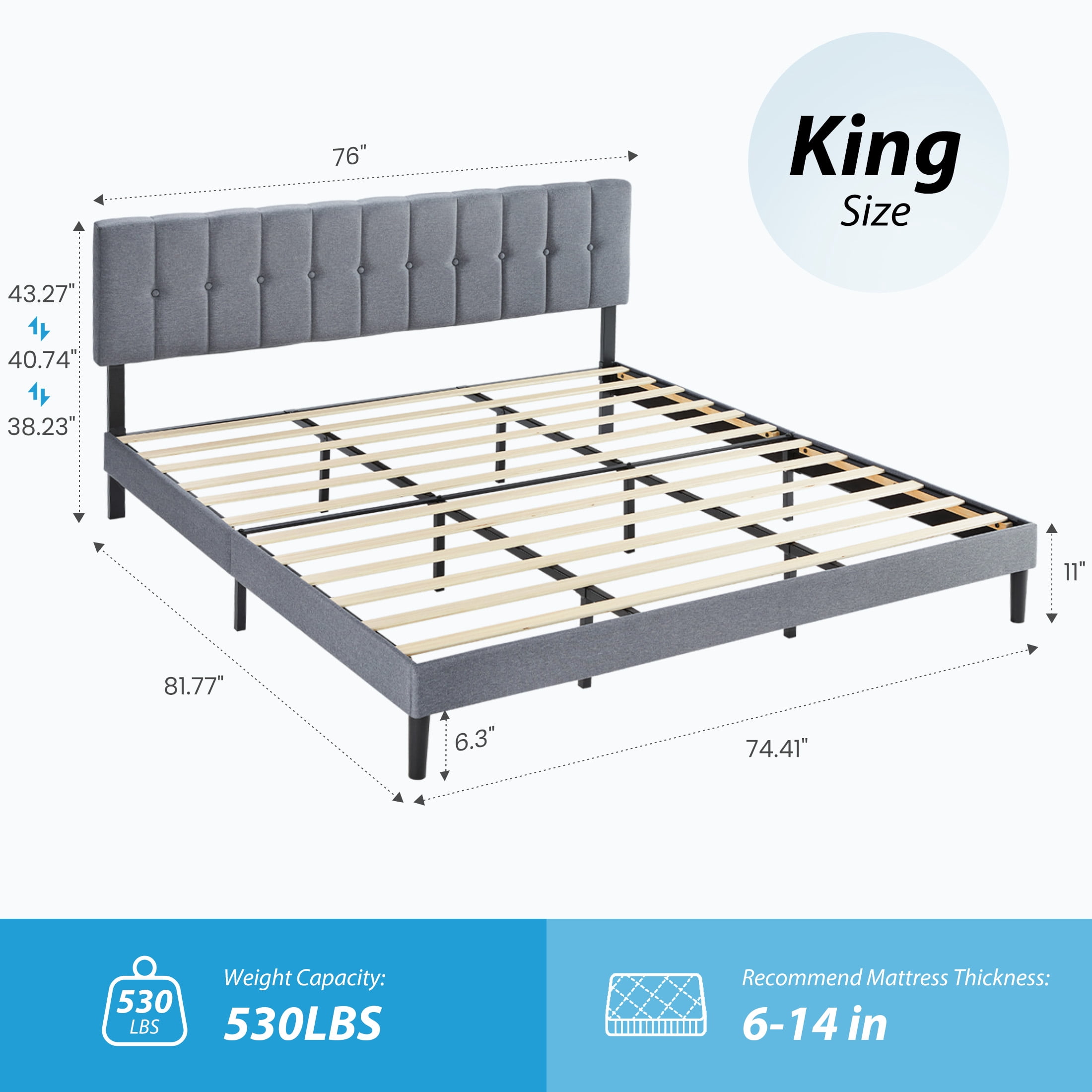 EDX King Size Platform Bed Frame, Fully Upholstered Mattress Foundationwith Fabric Upholstered Headboard and Wooden Slats Support, No Box Spring Needed, Grey