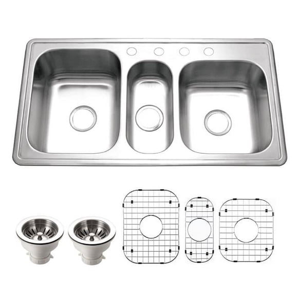 Houzer PGT-4322-C 41 in. Premier Series Drop-in Topmount Triple Bowl 4-hole Kitchen Sink with Basket Strainer & 3 Bottom Grids, Stainless Steel