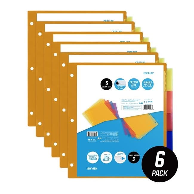 OS Plus OSD5T0M6 5-Tab Plastic Binder Dividers & Insertable Multicolor Big Tabs - Set of 6