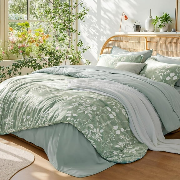 Queen Comforter Set - 7 Pieces Floral Sage Green Soft Bedding Sets