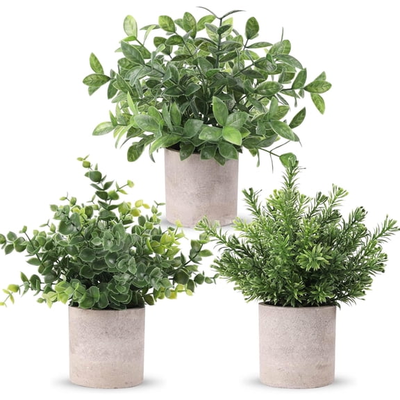 3 Pack Realistic Artificial Eucalyptus Fake Plants Mini Potted Farmhouse Paper Pulp Pot Faux Greenery for Home Office Desk Table Classroom Decor