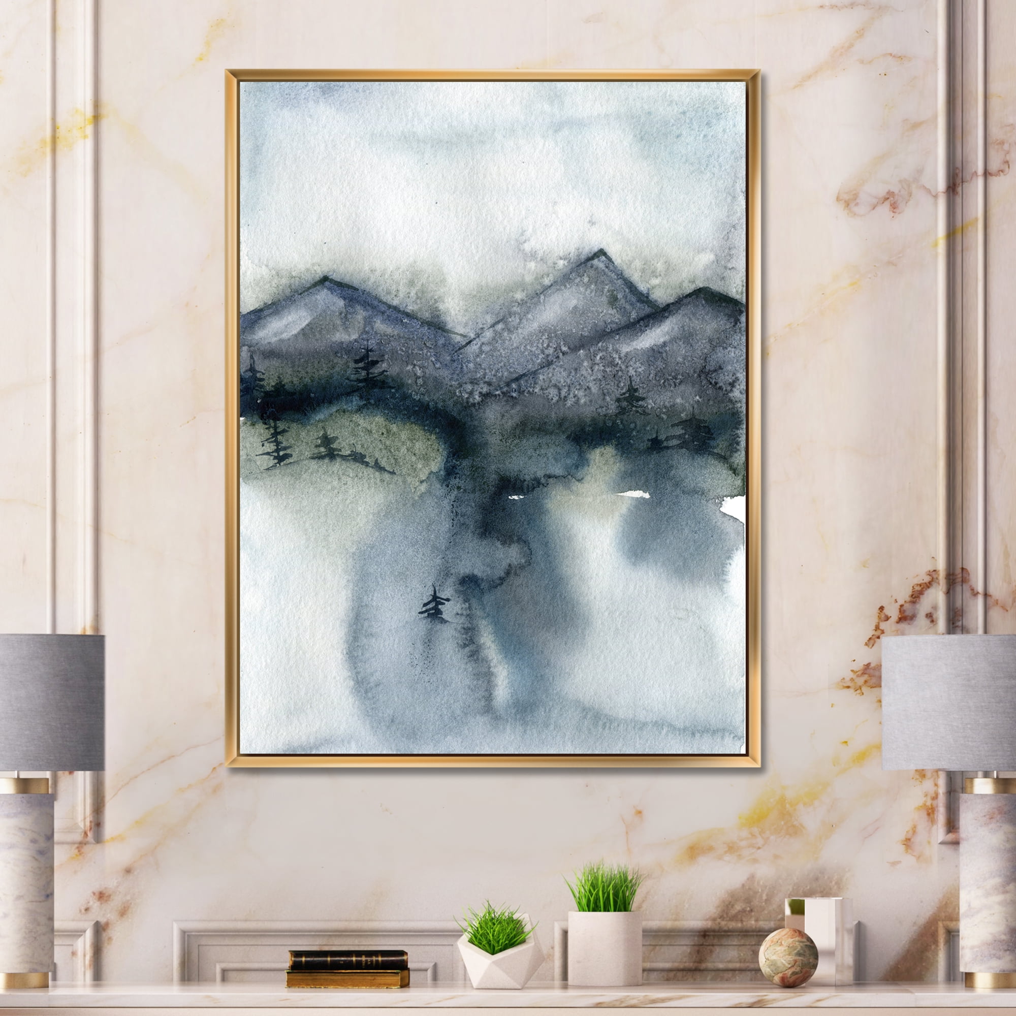 Designart 'Minimalistic Landscape of Mountains Snow and Trees' Modern Framed Canvas Wall Art Print