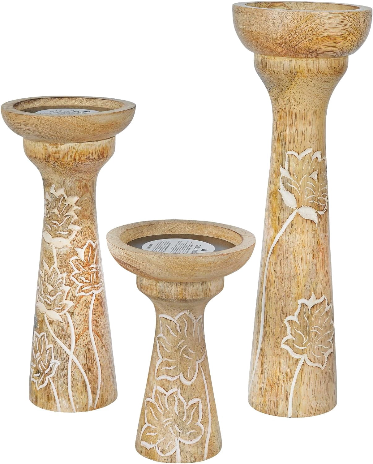 Mela Artisans Lotus Vine Candle Holders for Pillar Candles Set of 3, Mango Wood Candle Holder Set, Whitewash, 6" x 9" x 12"