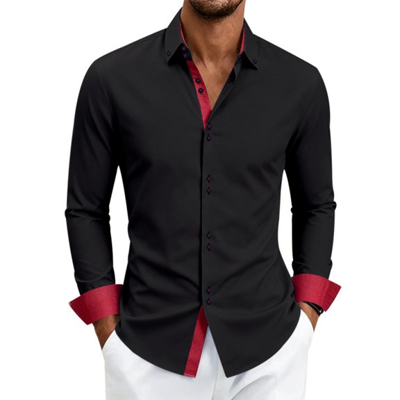 Mens Long Sleeve Dress Shirts, Polyester Stretch Work Shirts, Business Casual Button Down Blouse with Double Button Cuffs Black L