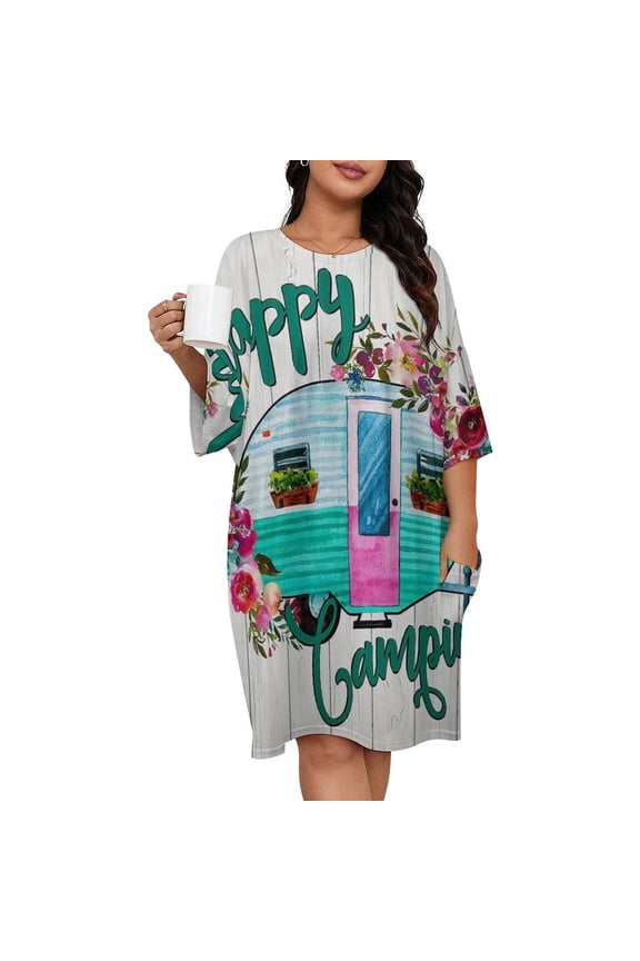 Happy Camping Sleepshirts For Sleeping Travels Loose Sleepdress Pajama Dress Soft Nightdress Sleepwear