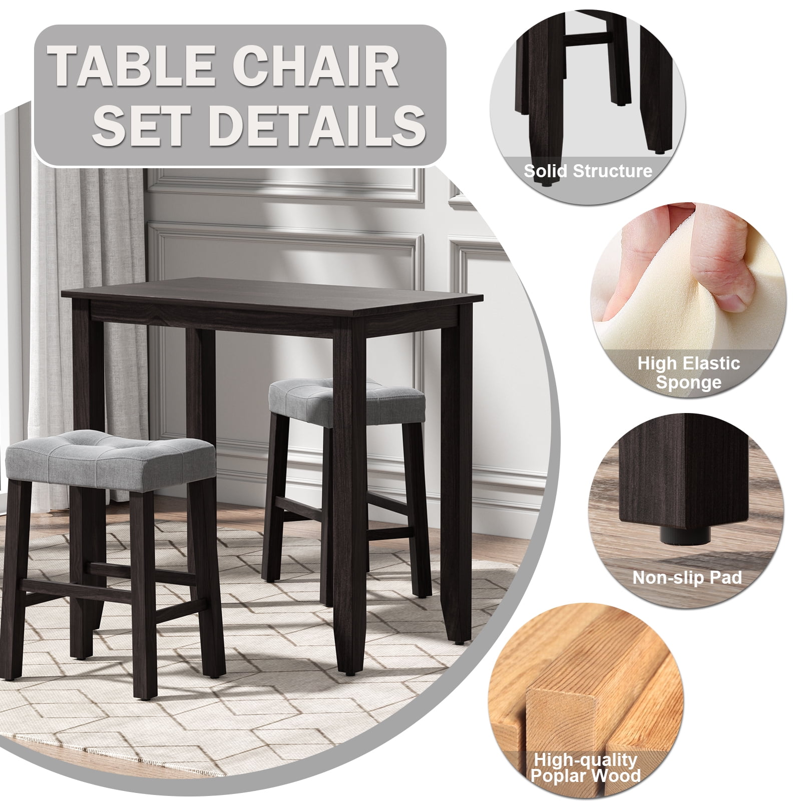Nathaniel Home, 3 Piece Dining Table Set, Counter Height Dining Sets, Table and Chairs Set, Rectangle Table and Upholstered Chairs, for Kitchen, Oak