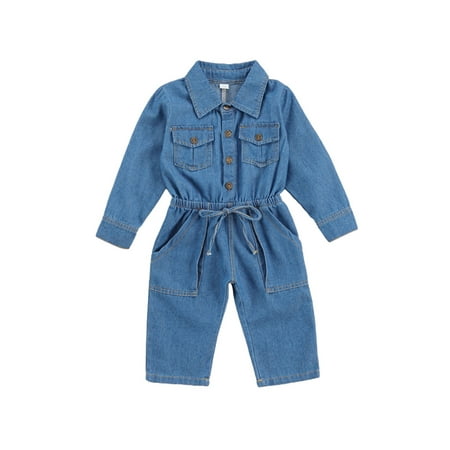 

BrilliantMe Infant Kids Baby Girl Romper Denim Jumpsuit Fall Long-Sleeved Lapel Collar Chest Pocket Lace-up High Waist Clothes Blue 4-5 Years