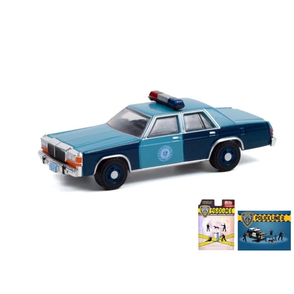 Diecast Car w/Police Figurine Set - Massachusetts State Police 1981 Ford LTD Crown Victoria, Blue - Greenlight 30289 - 1/64 Diecast Car