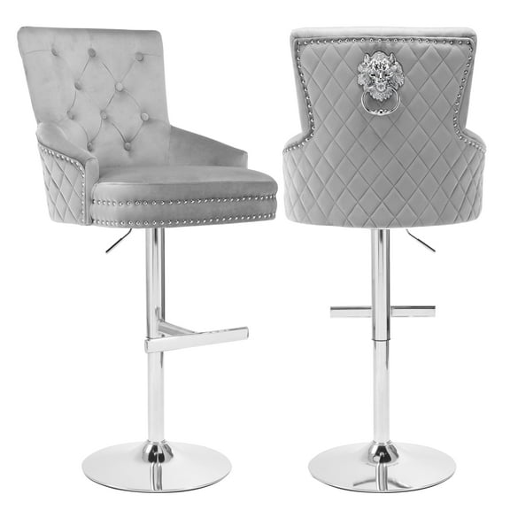 Foredo Velvet Swivel Bar Stools Set of 2, Modern Adjustable Bar Stools with Button Tufting and Pull Ring, Kitchen Counter Square Island Bar Stool, Light Gray