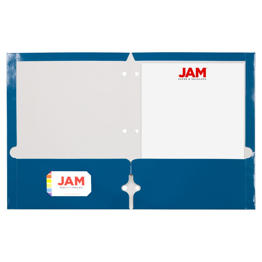 JAM Paper Laminated Two Pocket Glossy 3 Hole Punch School Folders, Blue, 3/Pack