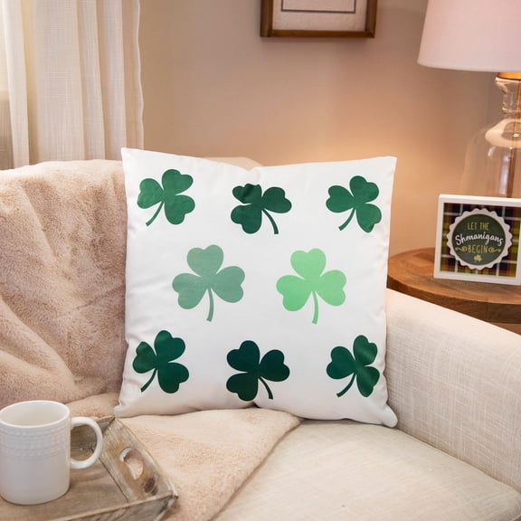 Northlight Shamrock St. Patrick's Day Square Throw Pillow - 17" x 17" - White and Green