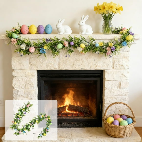 Rotin de Pâques en Plastique 180 cm Oeuf de Pâques Couronne de Vigne en Rotin avec Feuilles Printanières Coloré Intérieur Extérieur Déco Maison pour Porte Patio Porche (1 Pcs) Rkxzt