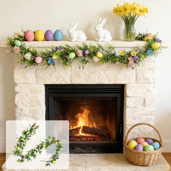 Cadancy Easter Mantel Garland with Flowers, Eggs & Greenery, Artificial Spring Vine for Fireplace, Wall, Table, Party, Home Decor, Reusable Holiday Decoration(70.87in)