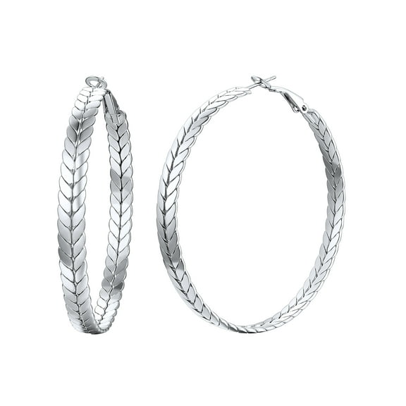 ChainsHouse Silver Hoop Earrings for Women Wheat Shaped 60mm Diameter Huggie Hoops Earring Birthday Christmas Jewelry Gift for Daughter Wife Mother