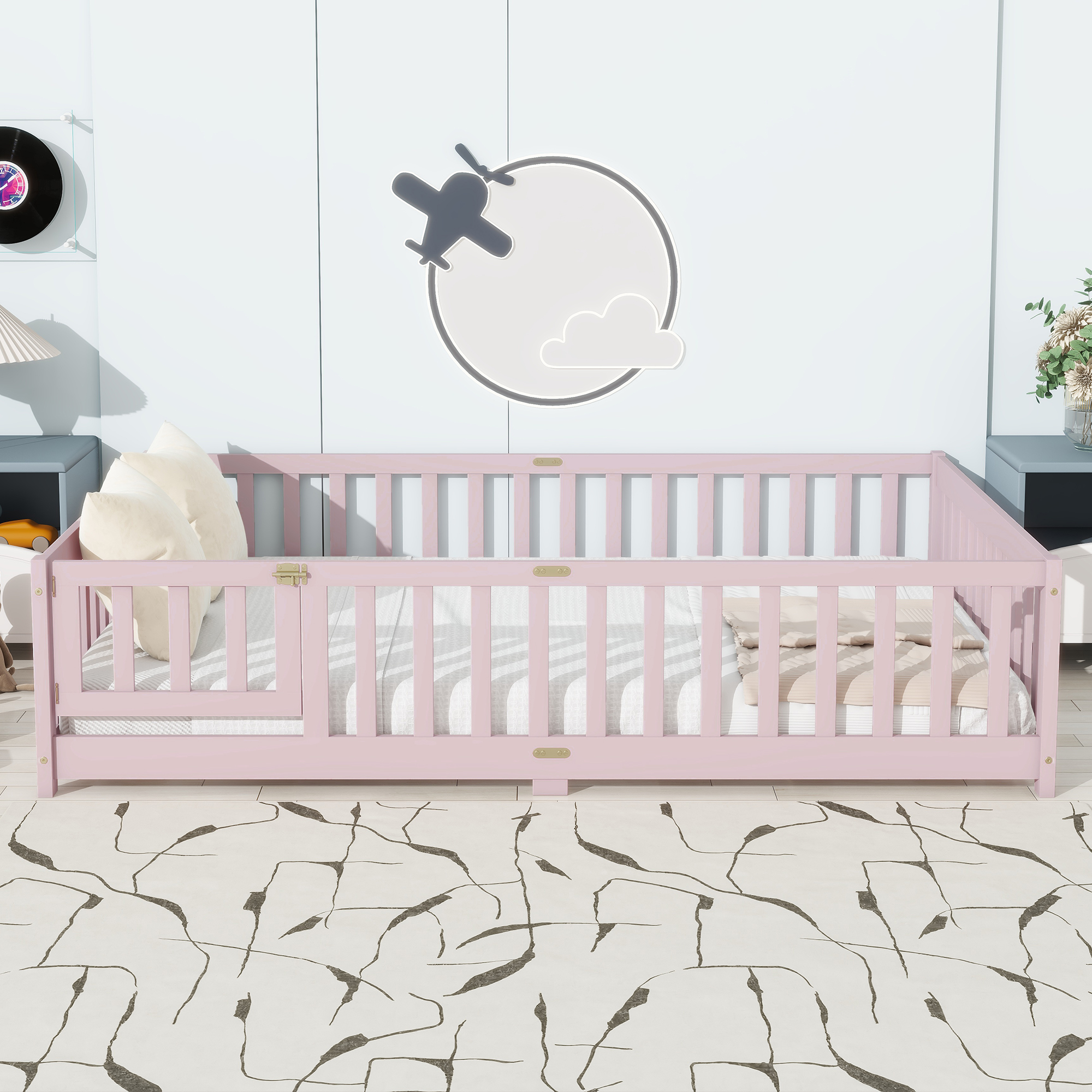 Miniyam Full Size Floor Bed with Guardrails and Door for Kids, Pink