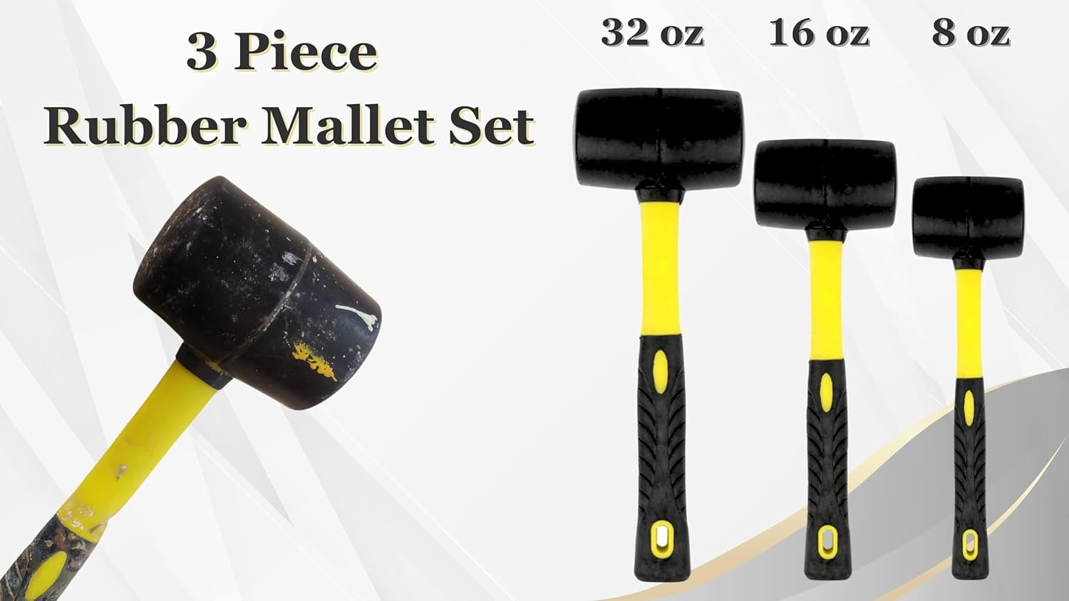 - Rubber Mallet Set 3 Sizes (8 oz, 16 32 oz) Durable Low Recoil Heads with Sure Grip Fibergla Handles