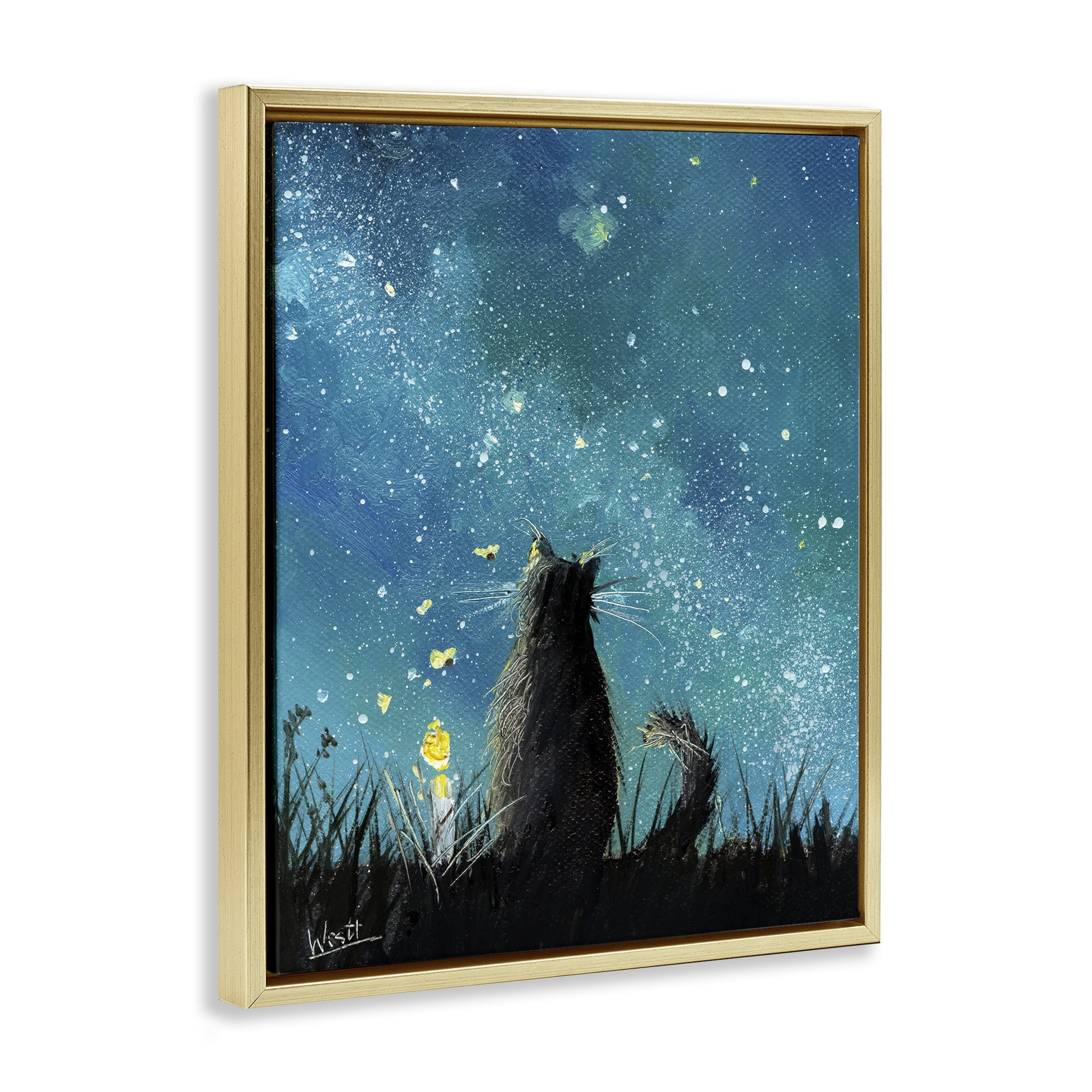 Stupell Industries Cat Gazing at Stars Astrology & Stars Painting Gold Floater Framed Canvas Art Print Wall Art, 17 x 21