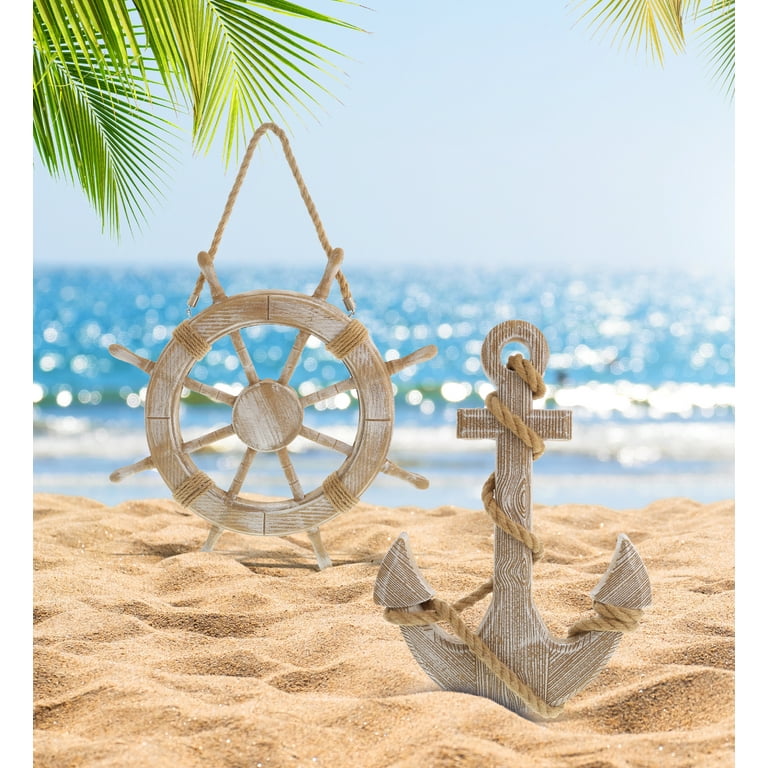 Cota Global Baja Beach Wall Decor Anchor and Ship Wheel Set - Handmade and Crafted Wooden Anchor and Wheel with Ropes for Hanging, Nautical Themed