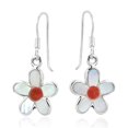 thumbnail image 2 of Cute Flower w/ Shell & Red Synthetic Coral Inlay Sterling Silver Dangle Earrings, 2 of 5