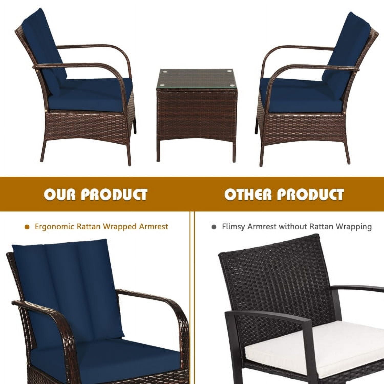 Aimee Lii 3 Pcs Patio Conversation Rattan Furniture Set, Small Patio Set with Glass Top Coffee Table and Cushions, Navy Aimee Lii 3 Pcs Patio Conversation Rattan Furniture Set, Small Patio Set with Glass Top Coffee Table and Cushions, Navy