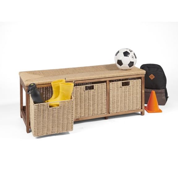 Badger Basket Kid's Storage Bench with Woven Top and Baskets 2.7 Cu ft. - Brown