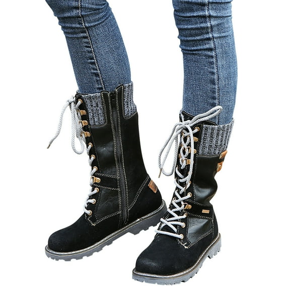 POROPL Winter Boots for Women Mid Calf Chunky Suede Leather Lace Up Shoes,Size 4.5