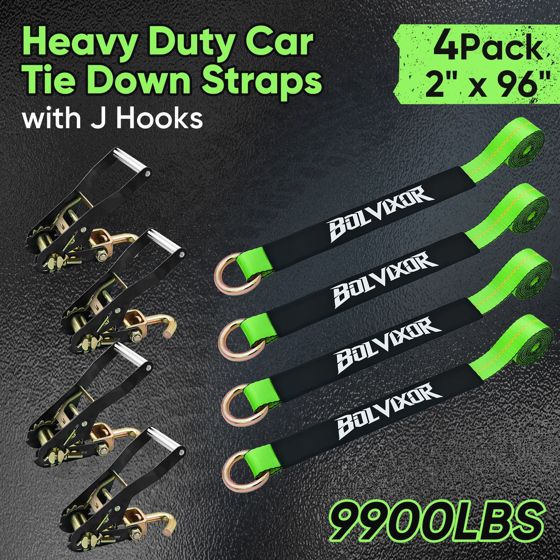 4 Pack Car Tie Down Straps for Trailers 2" x 96" - 9900LBS Break Strength - Tire Ratchet Straps with J Finger Hooks for Hauling UTV, SUV, Truck, Any Cars