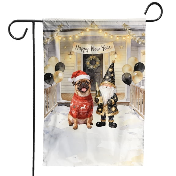 Happy New Year 2026 Brussels Griffon Santa Gnome Holiday Party Snow Garden Flag 12x18in Double Sided Griff Dog Lover Outdoor Decor - 13019