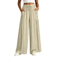 thumbnail image 2 of VBVC Women's Cotton Linen Drawstring Palazzo Pants , Casual Wide Leg Trousers For Women , Ladies' Fall Summer Pleated Pants with Pockets, S-3XL, 2 of 9