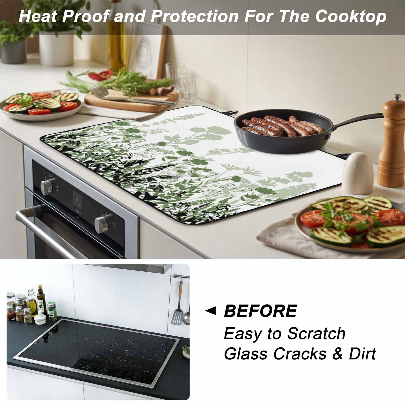 Green Floral Stove Top Cover for Electric Stove, Heat-proof & Non Slip Glass Top Stove Cover Protector, Spring Flowers Herb Silhouette Farmhouse Kitchen Flat Cooktop Rubber Mat 24x21 Inches